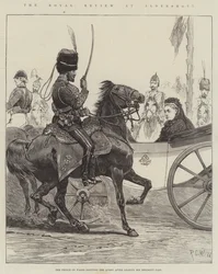 The Royal Review at Aldershott, the Prince of Wales saluting the Queen after leading his Regiment Past